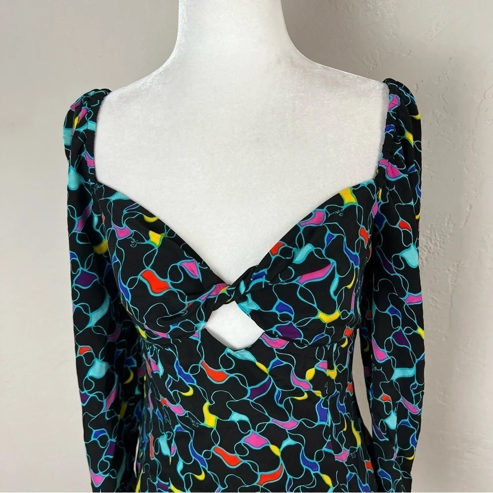 Staud Josephine Black Printed Multicolor Crepe Long Sleeve Sweetheart Top Size 2
